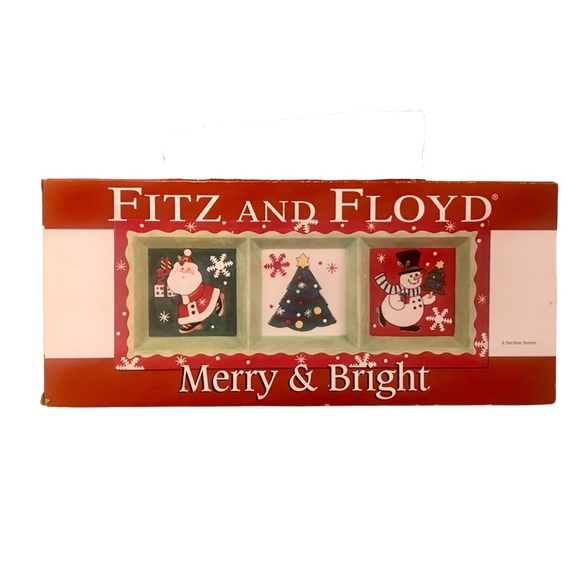 FITZ AND FLOYD Merry & Bright Three Section Server Santa Snowman Christmas Tree - Picture 2 of 5